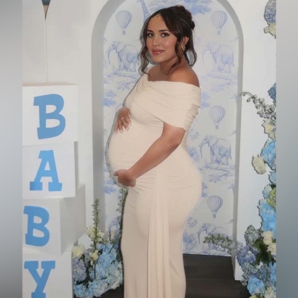 Momyknows Off Shoulder Ruched Draped Bodycon Maternity Maxi Dress